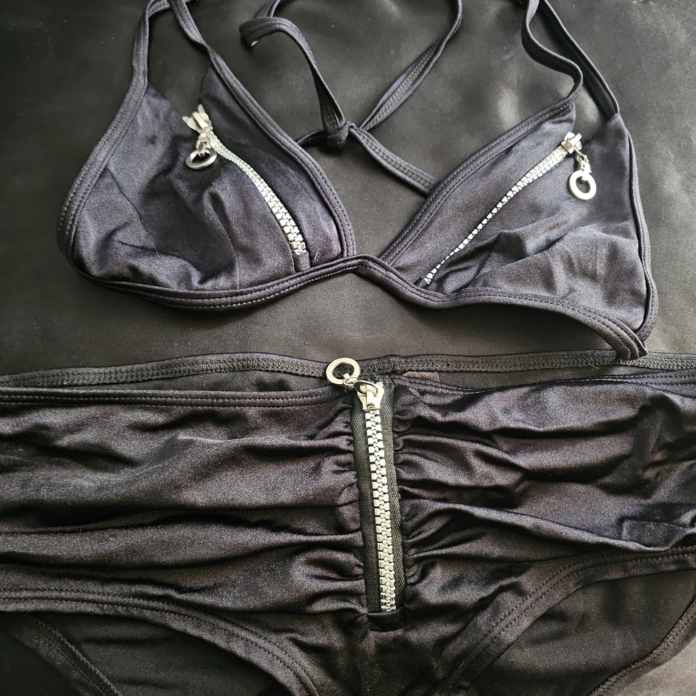 Frederick's Of Hollywood Vintage Black Zipper Detail Bikini Set Sz Sm